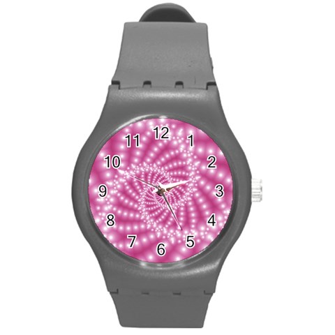 Glossy Pastel Pink Beaded Spiral Fractal  Round Plastic Sport Watch (M) from ArtsNow.com Front