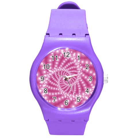 Glossy Pastel Pink Beaded Spiral Fractal  Round Plastic Sport Watch (M) from ArtsNow.com Front