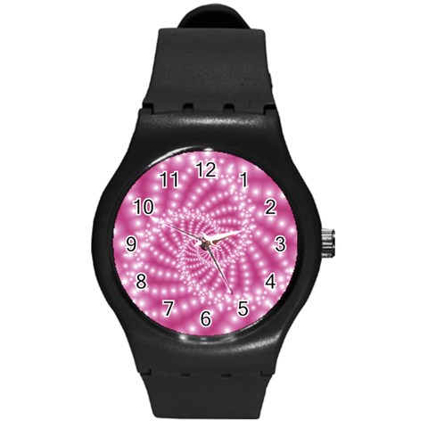 Glossy Pastel Pink Beaded Spiral Fractal  Round Plastic Sport Watch (M) from ArtsNow.com Front