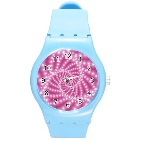 Glossy Pastel Pink Beaded Spiral Fractal  Round Plastic Sport Watch (M) from ArtsNow.com Front