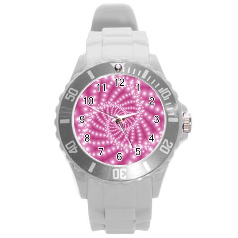 Glossy Pastel Pink Beaded Spiral Fractal  Round Plastic Sport Watch (L) from ArtsNow.com Front