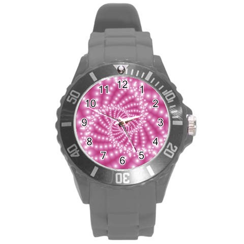 Glossy Pastel Pink Beaded Spiral Fractal  Round Plastic Sport Watch (L) from ArtsNow.com Front