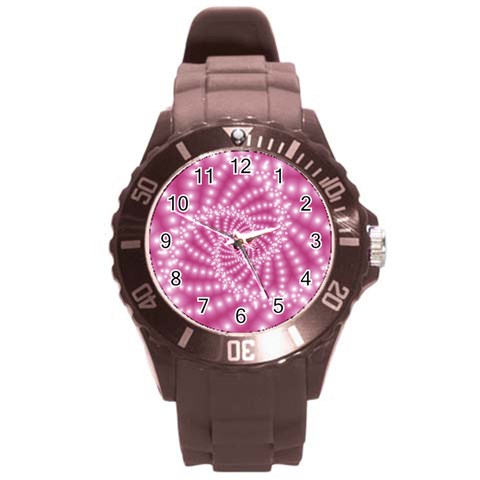 Glossy Pastel Pink Beaded Spiral Fractal  Round Plastic Sport Watch (L) from ArtsNow.com Front