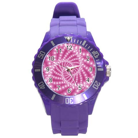 Glossy Pastel Pink Beaded Spiral Fractal  Round Plastic Sport Watch (L) from ArtsNow.com Front