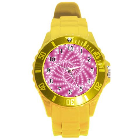 Glossy Pastel Pink Beaded Spiral Fractal  Round Plastic Sport Watch (L) from ArtsNow.com Front