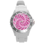 Glossy Pastel Pink Beaded Spiral Fractal  Round Plastic Sport Watch (L)