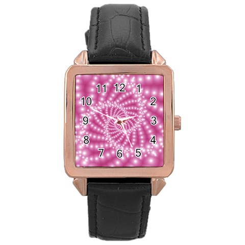 Glossy Pastel Pink Beaded Spiral Fractal  Rose Gold Leather Watch  from ArtsNow.com Front