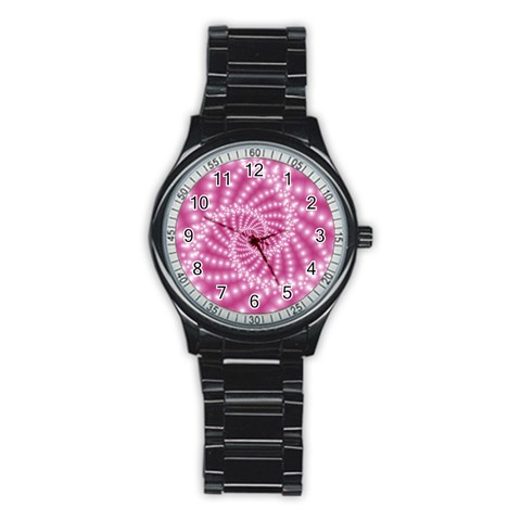 Glossy Pastel Pink Beaded Spiral Fractal  Stainless Steel Round Watch from ArtsNow.com Front