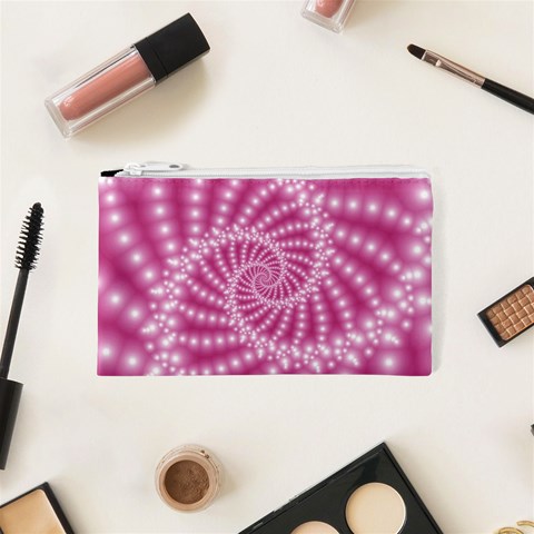 Glossy Pastel Pink Beaded Spiral Fractal  Cosmetic Bag (XS) from ArtsNow.com Front