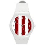 Vertical Stripes - White and Dark Red Round Plastic Sport Watch (M)