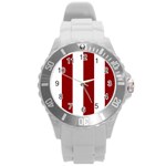 Vertical Stripes - White and Dark Red Round Plastic Sport Watch (L)