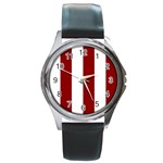 Vertical Stripes - White and Dark Red Round Metal Watch