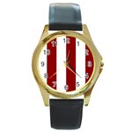 Vertical Stripes - White and Dark Red Round Gold Metal Watch