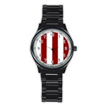 Vertical Stripes - White and Dark Red Stainless Steel Round Watch