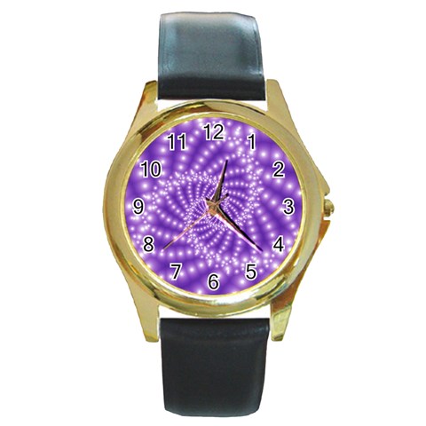 Glossy Purple  Beaded Spiral Fractal Round Gold Metal Watch from ArtsNow.com Front