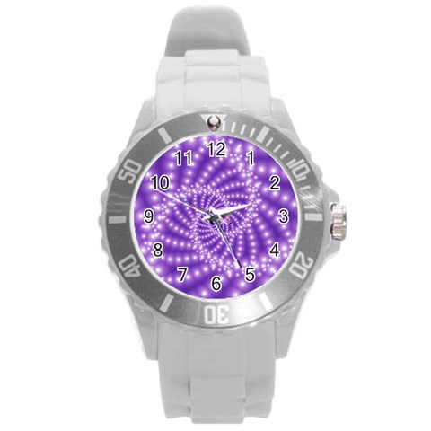 Glossy Purple  Beaded Spiral Fractal Round Plastic Sport Watch (L) from ArtsNow.com Front