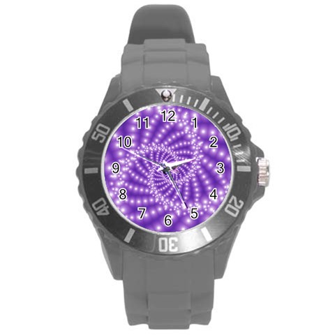 Glossy Purple  Beaded Spiral Fractal Round Plastic Sport Watch (L) from ArtsNow.com Front