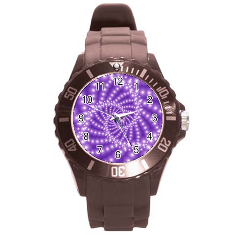 Glossy Purple  Beaded Spiral Fractal Round Plastic Sport Watch (L) from ArtsNow.com Front