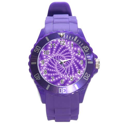 Glossy Purple  Beaded Spiral Fractal Round Plastic Sport Watch (L) from ArtsNow.com Front