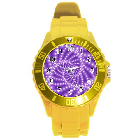 Glossy Purple  Beaded Spiral Fractal Round Plastic Sport Watch (L) from ArtsNow.com Front