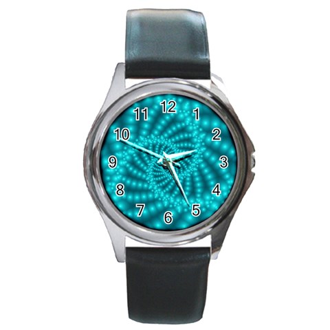 Glossy Pastel Blue Beaded Spiral Fractal Round Metal Watch from ArtsNow.com Front