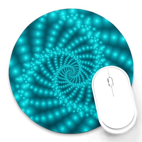 Glossy Pastel Blue Beaded Spiral Fractal Round Mousepad from ArtsNow.com Front