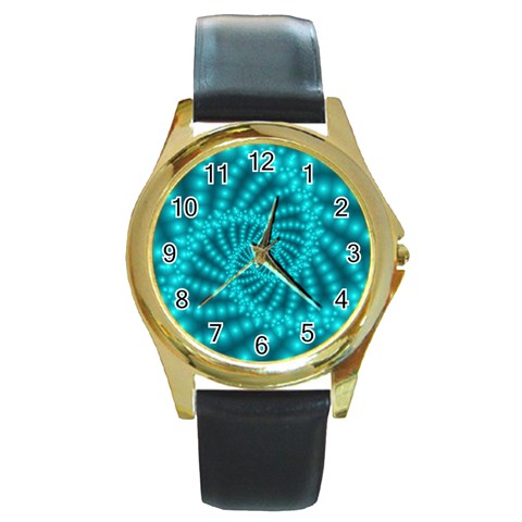 Glossy Pastel Blue Beaded Spiral Fractal Round Gold Metal Watch from ArtsNow.com Front