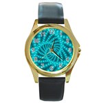 Glossy Pastel Blue Beaded Spiral Fractal Round Gold Metal Watch