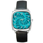 Glossy Pastel Blue Beaded Spiral Fractal Square Metal Watch