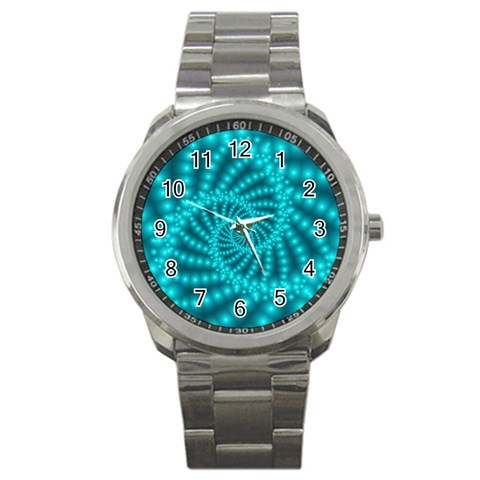 Glossy Pastel Blue Beaded Spiral Fractal Sport Metal Watch from ArtsNow.com Front