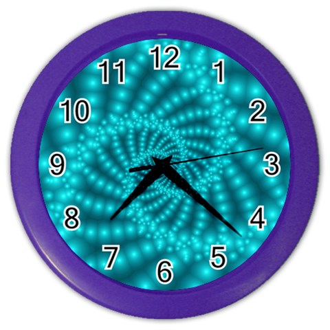 Glossy Pastel Blue Beaded Spiral Fractal Color Wall Clock from ArtsNow.com Front