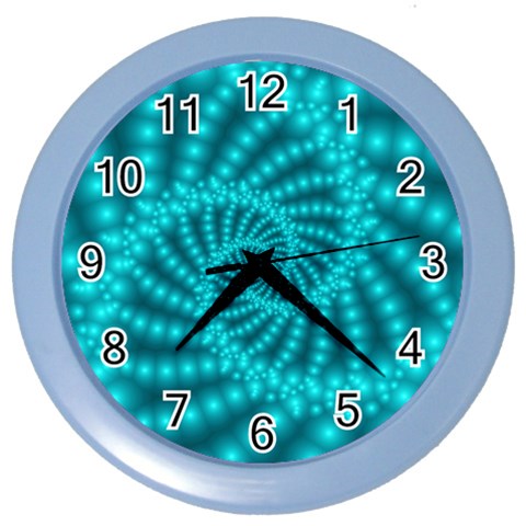 Glossy Pastel Blue Beaded Spiral Fractal Color Wall Clock from ArtsNow.com Front