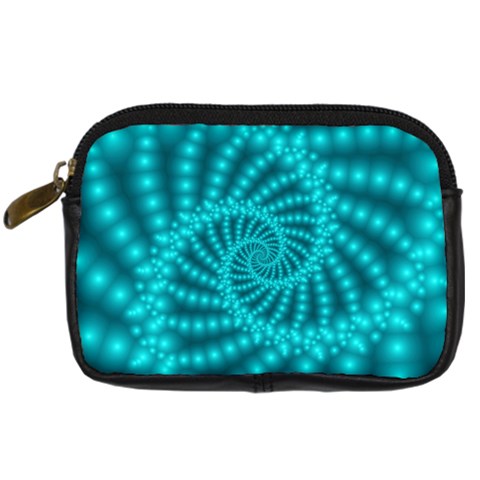 Glossy Pastel Blue Beaded Spiral Fractal Digital Camera Leather Case from ArtsNow.com Front