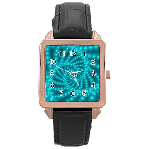 Glossy Pastel Blue Beaded Spiral Fractal Rose Gold Leather Watch  from ArtsNow.com Front