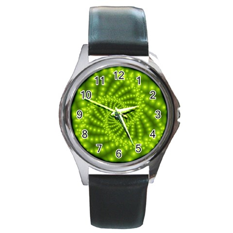 Glossy Lime Green Beaded Spiral Fractal Round Metal Watch from ArtsNow.com Front