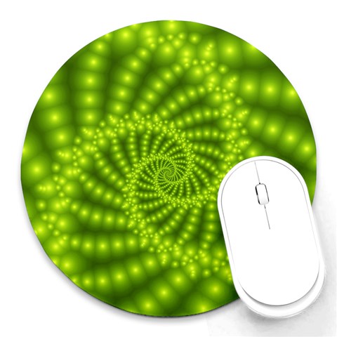 Glossy Lime Green Beaded Spiral Fractal Round Mousepad from ArtsNow.com Front