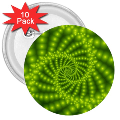 Glossy Lime Green Beaded Spiral Fractal 3  Button (10 pack) from ArtsNow.com Front