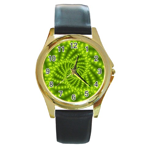 Glossy Lime Green Beaded Spiral Fractal Round Gold Metal Watch from ArtsNow.com Front