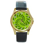 Glossy Lime Green Beaded Spiral Fractal Round Gold Metal Watch