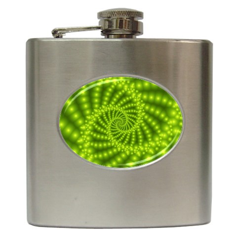 Glossy Lime Green Beaded Spiral Fractal Hip Flask (6 oz) from ArtsNow.com Front