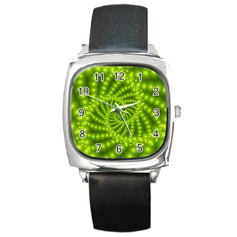 Glossy Lime Green Beaded Spiral Fractal Square Metal Watch from ArtsNow.com Front