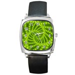 Glossy Lime Green Beaded Spiral Fractal Square Metal Watch