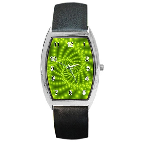 Glossy Lime Green Beaded Spiral Fractal Barrel Style Metal Watch from ArtsNow.com Front