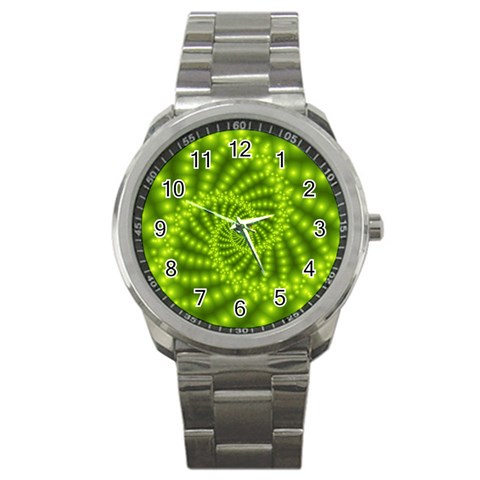 Glossy Lime Green Beaded Spiral Fractal Sport Metal Watch from ArtsNow.com Front