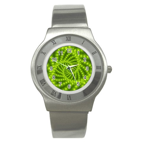 Glossy Lime Green Beaded Spiral Fractal Stainless Steel Watch from ArtsNow.com Front