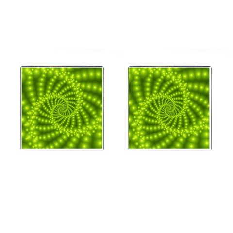 Glossy Lime Green Beaded Spiral Fractal Cufflinks (Square) from ArtsNow.com Front(Pair)