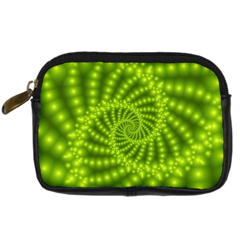 Glossy Lime Green Beaded Spiral Fractal Digital Camera Leather Case from ArtsNow.com Front