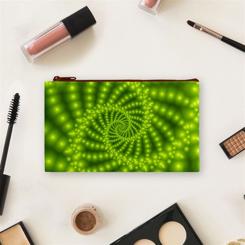 Glossy Lime Green Beaded Spiral Fractal Cosmetic Bag (Small) from ArtsNow.com Front