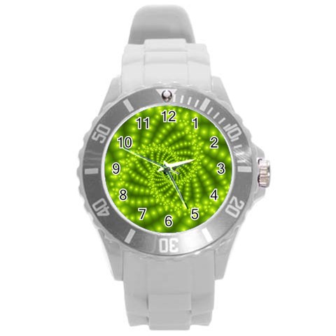 Glossy Lime Green Beaded Spiral Fractal Round Plastic Sport Watch (L) from ArtsNow.com Front