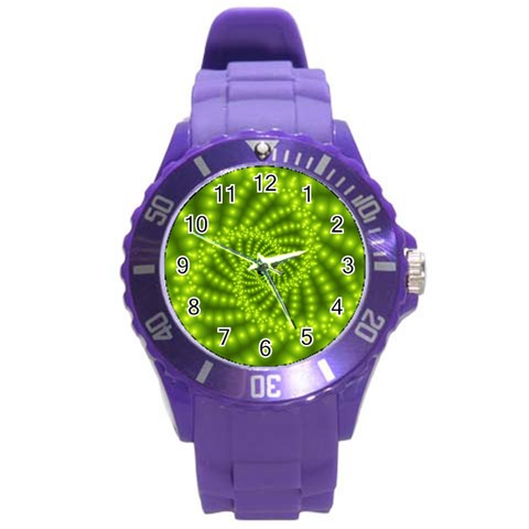 Glossy Lime Green Beaded Spiral Fractal Round Plastic Sport Watch (L) from ArtsNow.com Front